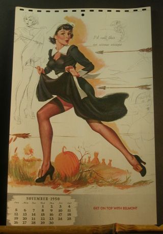 F.  Elliott Calendar Page November 1950 Sexy Pilgrim Black Stockings Arrow Escape