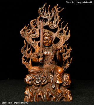 China Folk Boxwood Wood Carving Fudo Myo - O / Acalanatha Buddha Warrior Statue