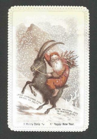 D63 - Strange Santa On Goat - Capricorn - Goodall - 1873 - Victorian Xmas Card