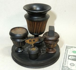 Antique Victorian Vtg Cigar Cutter & Holder,  Match Box Holder Smoking Stand Wood