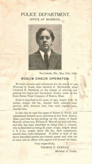 Warrant Poster 1906 - Bogus Check Operator - Marshall Of Police (baltimore)