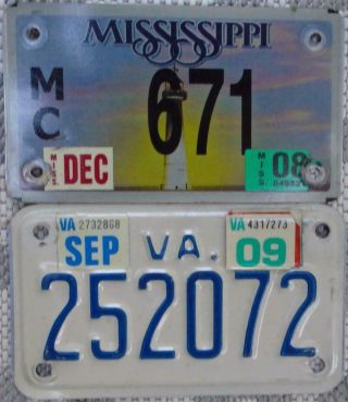 2 Motorcycle License Plates/tags Authentic Metal Mississippi & Virginia