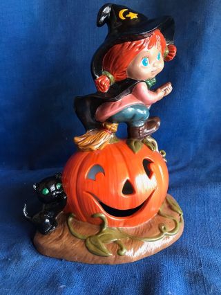 Vintage Girl Witch On Broom Pumpkin Jack O 