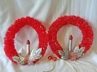 2 Vintage Red Cellophane Lighted Christmas Wreaths Each 12 " Diameter Iobs