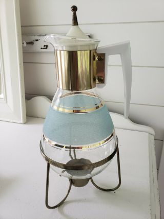Vintage Coffee Tea Pot Carafe Glass Blue Warmer Candle Buffet Mcm Retro Modern