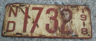 1918 North Dakota License Plate,  1732,  Low 4 Digit Tag.