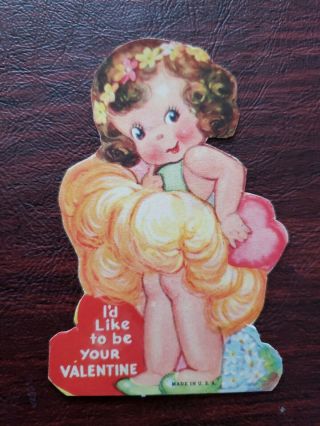 Vtg Valentine Greeting Card Diecut Cute Girl Curly Hair Fluffy Peach Dress Daisy