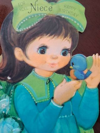 Vtg Hallmark Birthday Greeting Card Cute Girl Blue Bird Blue Green Dress Big Bow
