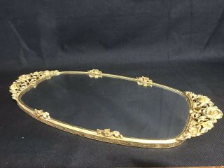 Vintage Oval Gold Filigree Mirror Vanity Tray Metal Roses Regency Style