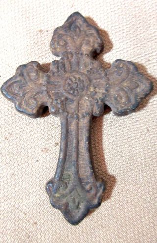 Antique Handmade Ornate Religious Terra - Cotta Pottery Crucifix Cross Sculpture