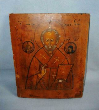 Antique Russia Top High Aged Wood Painted Orthodox Icon Saint Nicholas