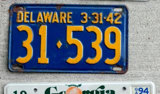 1942 Orange On Blue Delaware License Plate - - One Of Delaware 