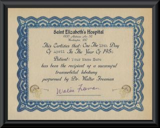 Personalized Transorbital Lobotomy Certificate Printed On 1950s Paper 101