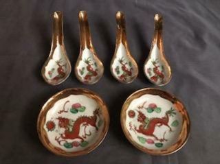 Porcelain Chinese Red Dragon 4 Soup Spoons & Two Dishes Rd