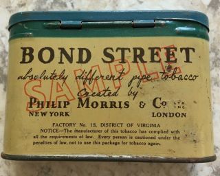 Antique Bond Street Pipe Tobacco Tin Sample Size Tin 1930s - 1940s Phillip Morris
