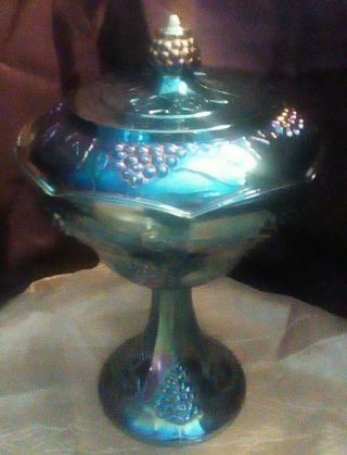 Vintage Indiana Blue Carnival Glass Wedding Bowl / Compote With Lid.  Make Offer