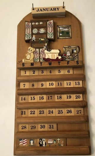 Vintage 1991 Perpetual Calendar Slide Tile Solid Wood Handpainted Complete