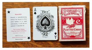 Vintage Bee Deck Of Playing Cards No.  92 Red Club Special Back No.  67 Opened