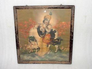 Antique Old Rare Hindu God Lord Krishna Flute Playing With Cow Litho Holy Print