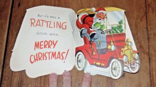 Vintage Christmas Card Old Time Car w/Santa In It,  Springy Santa Inside 3