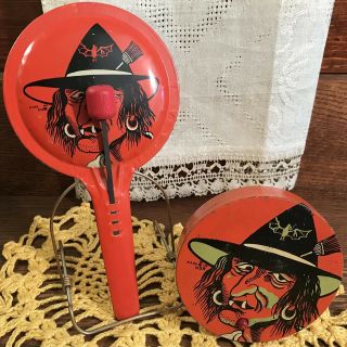 2 Vintage Halloween Tin Noisemakers,  Convex Clanger,  Ratchet,  Witches,  T.  Cohn