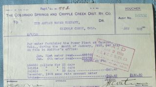 1910 Colorado Springs & Cripple Creek District Ry.  Altman Water Company Voucher