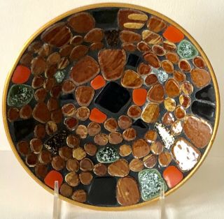 Vintage 1950s Mid Century Modern Pottery Tile Mosaic Bowl Orange Brown Black