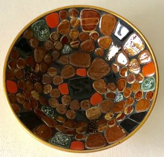 Vintage 1950s Mid Century Modern Pottery Tile Mosaic Bowl Orange Brown Black 2
