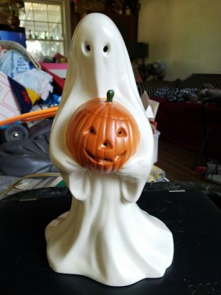 Vintage Halloween Ceramic Ghost W/ Pumpkin Jol Lite Lighted Figure Spooky