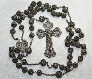 23 " Rare Art Deco Mexico Spun Sterling Silver Filigree Bead Rosary 48 G