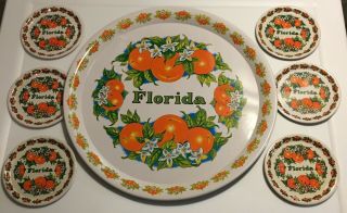 Vintage Florida 11 Inch Metal Tray And 6 Coasters Made In Hong Kong