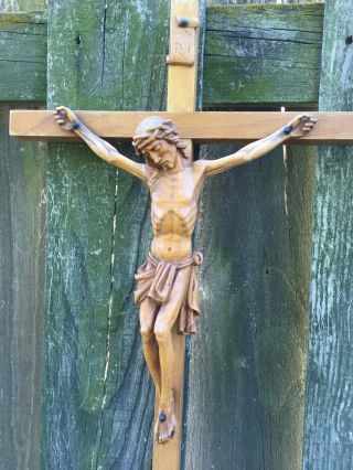 Vintage Anri Wooden,  Hand - Carved Crucifix With Jesus Christ Large 12 X 24 Italy