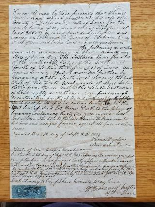 1863 Jasper County Iowa Land Deed With Revenue Stamp