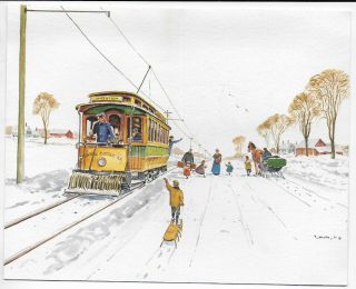 Christmas Card.  “streetcar,  Wrentham,  Ma” By Raymond J.  Holden,  Signed