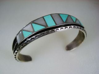 Fabulous Old Zuni Navajo Sterling Silver & Turquoise Mop Inlay Bracelet