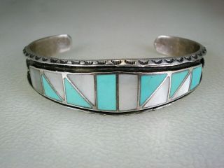 FABULOUS OLD ZUNI NAVAJO STERLING SILVER & TURQUOISE MOP INLAY BRACELET 2