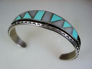 FABULOUS OLD ZUNI NAVAJO STERLING SILVER & TURQUOISE MOP INLAY BRACELET 3