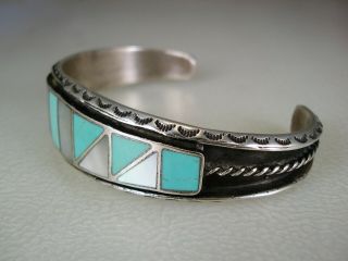FABULOUS OLD ZUNI NAVAJO STERLING SILVER & TURQUOISE MOP INLAY BRACELET 4
