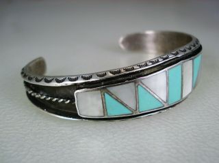FABULOUS OLD ZUNI NAVAJO STERLING SILVER & TURQUOISE MOP INLAY BRACELET 5