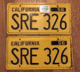 1956 - 1962 California License Plates Pair Set Sre 326