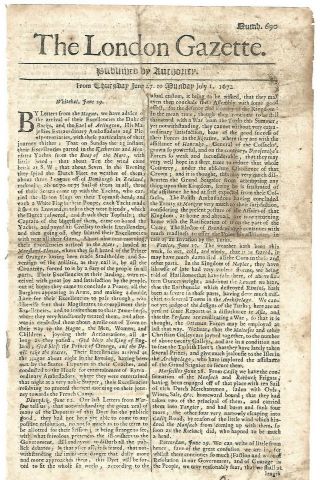 2 Rare Orig.  English Newspapers " The London Gazette " 1672 " Impaired "