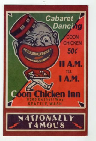 Vintage Coon Chicken Inn Menu Politically Incorrect Black Caricature Seattle