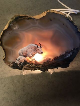 Agate Slice Slab Natural Stone Lamp Lighted Display Mountain Goat Wildlife Art