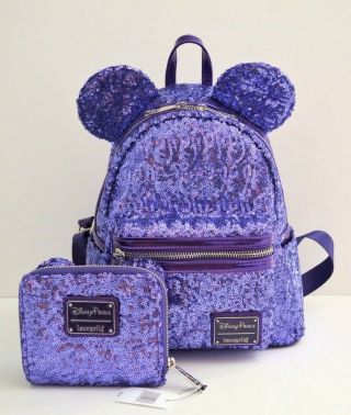 Disney Parks Purple Potion Loungefly Sequined Backpack & Wallet Bag Purse