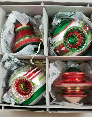 Radko Shiny Brite Large Reflector Bell Top Glass Ornaments Red Silver Gold Green