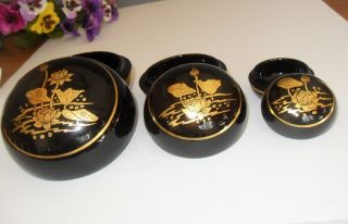 Black Lacquer Lotus Nesting Boxes Trinket Storage Set Of 3 Round Lily Pad W/gold