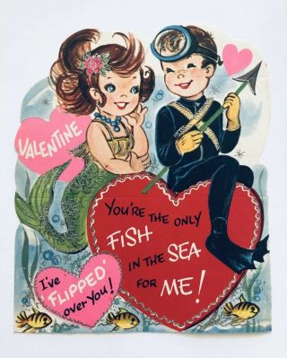 Nos Large Vintage Valentine Card Mermaid Girl Diver Boy Fish Pink Heart Glitter