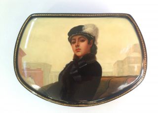 Fedoskino Hand Painted Russian Lacquer Box " Unknown Lady " 1994 Papier - Mâché