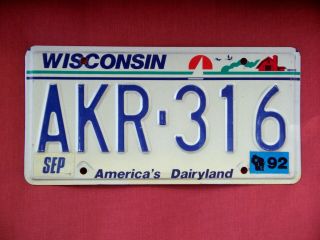 1992 Wisconsin License Plate Akr 316 Rare Blue Letter Early Issue A Series Base
