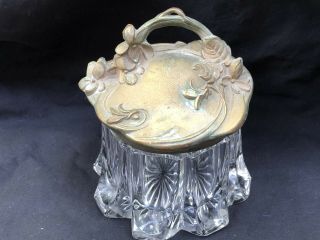 Antique Art Deco Brass Floral Handled Lid 8 Sided Vanity Jar